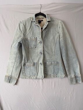 Gap Womens Denim Blazer M Light Blue Cotton Chore Coat Pockets Utility Jean Work